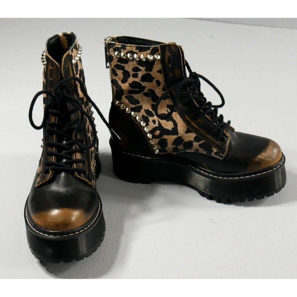 Steve Madden Avenger Studded Leopard Leather Platform Combat Boots W Size 6 EUC